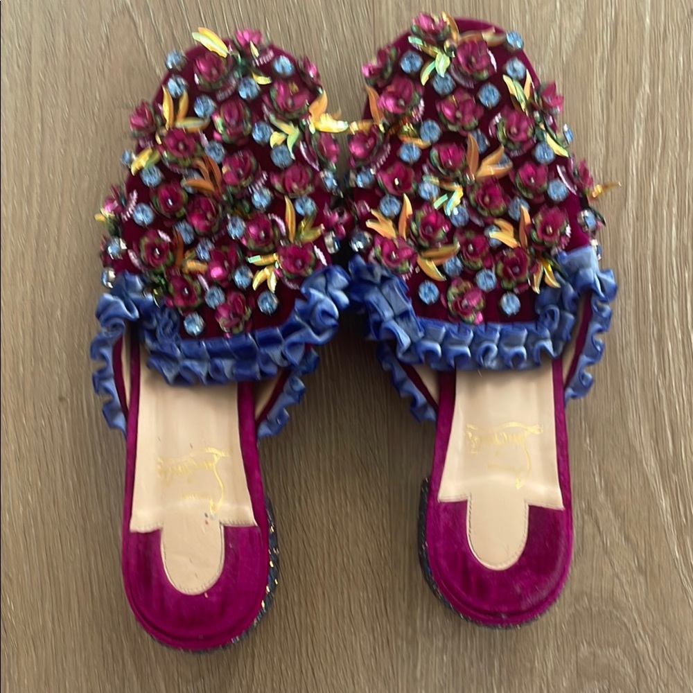 Christian Louboutin Floral Embellished Mules in Purple and Blue